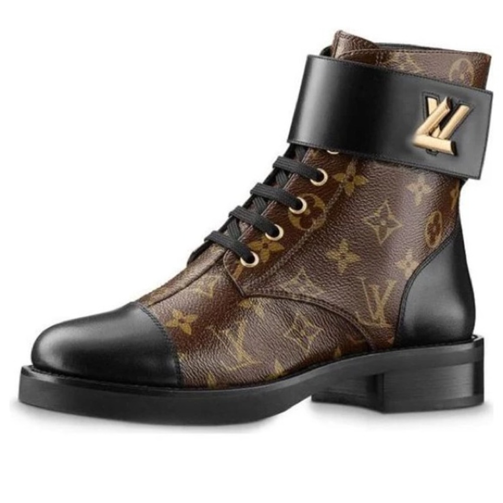 Louis Vuitton Black and Brown Combat Boots with Gold Accents